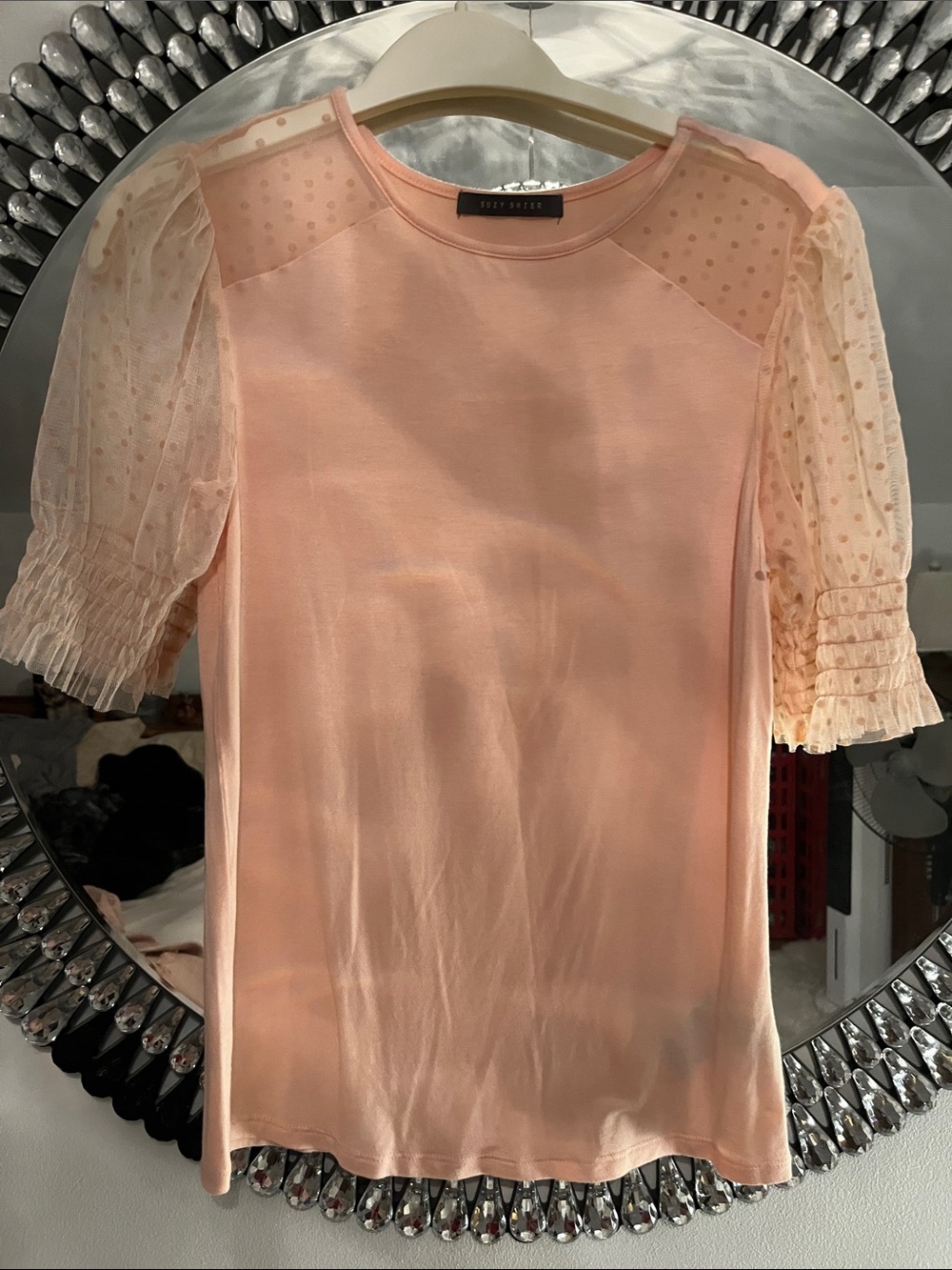 Suzy sheer peach pink Dot-Sleeve Puff Short Sleeve Top